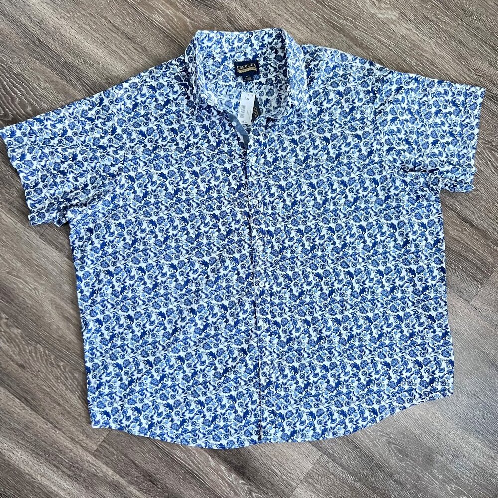 NWT Mens Short Sleeve Shirt 4XB Cremieux Blue Paisley Stretch Button Up BIG
